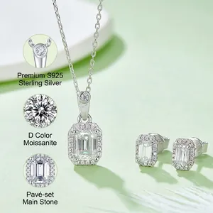 S925 sterling silver jewelry set with emerald cut D-color moissanite necklace and earrings