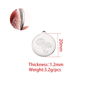 Polished stainless steel 20mm round birthday flower pendant with 1.2mm thickness