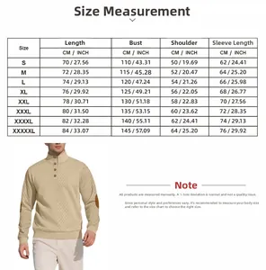 Size chart for men's stand collar sweatshirt including length, bust and shoulder measurements