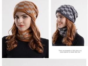 Detail of checkered knit beanie and scarf set with fleece lining for winter warmth