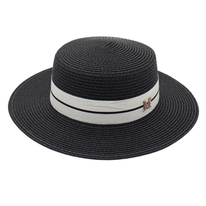 Classic black straw boater hat with black and white ribbon and gold M letter metal accessory