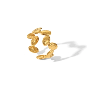 Detailed close-up of a gold adjustable ring with hammered oval textured elements
