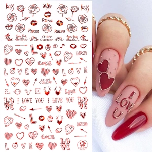 Nail Art Stickers 3D Self Adhesive Metallic Gold Red Valentine's Day Hearts Roses DIY Manicure Decoration Women