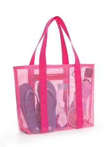 Pink mesh beach tote detail showing large capacity with slippers, bottle and umbrella