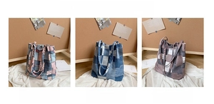 Detailed close-up showing pink, blue, and brown vintage checkered canvas tote bags