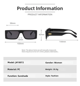 Detailed chart showing PC frame dimensions and specifications for square sunglasses