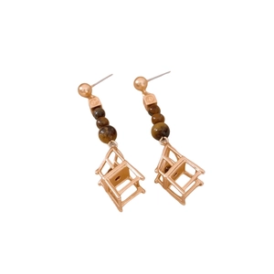 Golden chair drop earrings with brown tiger eye beads and silver needle studs