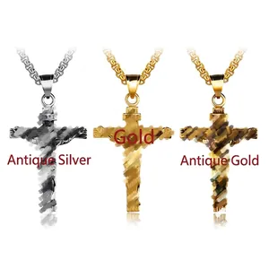 Cross necklaces in antique silver, bright gold, and antique gold finishes with INRI engraving