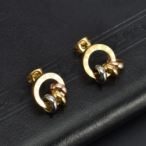 Golden Roman numeral circle earrings with interlocking tri-color gold silver rose gold rings