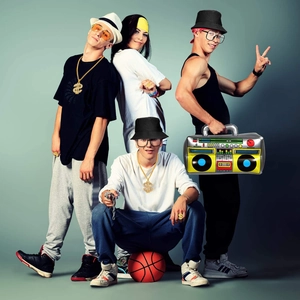 Retro hip hop inflatable boombox prop shown with models in vintage 90s streetwear style