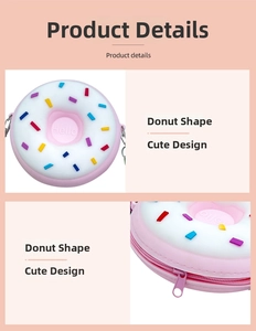 Detailed view of pink silicone donut mini bag showing zipper closure and Hello embossing