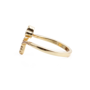 Adjustable gold plated fishtail ring featuring sparkling crystal pave heart details