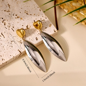 Two-tone stainless steel heart earrings with silver oval pendants and size 6.3cm measurements