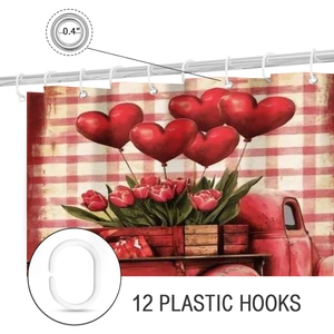 Detail of red truck Valentine shower curtain with metal eyelets and 12 plastic hooks