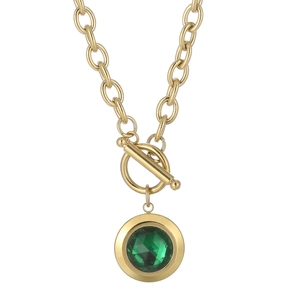 Women Fashion Stainless Steel Necklace Round Crystal Glass Pendant Toggle Clasp