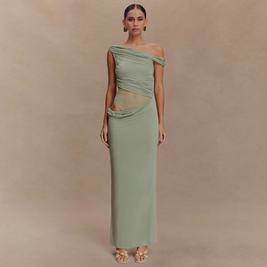 Sage green ruched maxi dress with asymmetrical shoulder and waist cutout for women