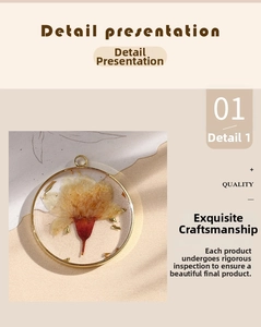 Detail of round dried flower resin pendant with gold foil and yellow petals