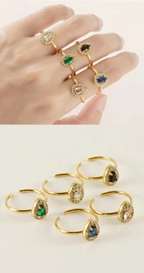 Adjustable 18K gold-plated teardrop rings with white, green, and blue zircon gemstones