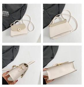 Detail of cream PU and straw crossbody bag with golden round buckle and shoulder strap
