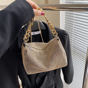 Luxury gold rhinestone evening clutch bag with chunky chain strap for party attire