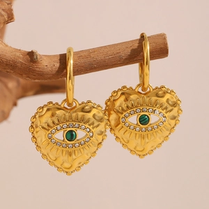 Heart Evil Eye Hoop Earrings Stainless Steel 18K Gold Plated Malachite Green Stone Zircon Bohemians Fashion Jewelry