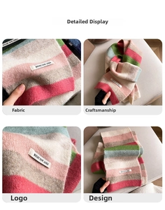 Macro shot of colorful striped mohair scarf texture with woven brand tag detail