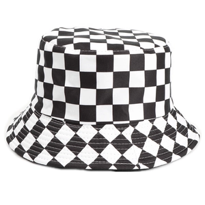Unisex reversible checkerboard bucket hat with black and white plaid canvas pattern