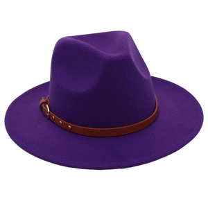 Detail of purple wool fedora hat featuring a brown leather band and metal buckle