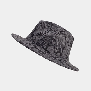 Macro detail of the grey snake pattern felt wool on a stylish flat brim fedora hat