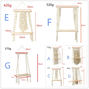 Detailed dimension chart for hand-woven bohemian wall shelves with cotton ropes and wood