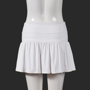 Close-up of white high-waisted pleated tennis skirt with ruffled hem on mannequin