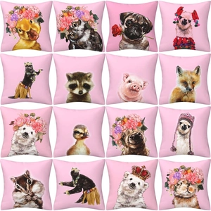 Cushion Cover Cute Cartoon Animal Pink Polyester Short Plush Pillowcase For Sofa Living Room Square Hidden Zipper