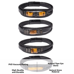 Detailed view of multilayer leather bracelets for men featuring natural tiger eye stones