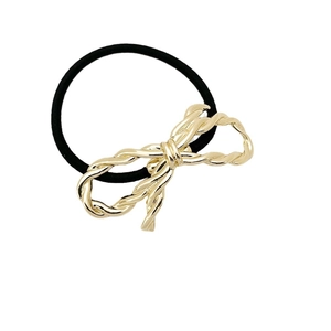 Mini alloy bow hair tie with golden twisted rope design on elegant black elastic band