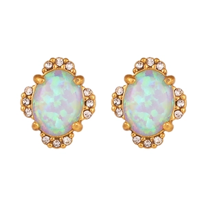 Retro 18K gold plated stud earrings with opal stone and rhinestones on white background