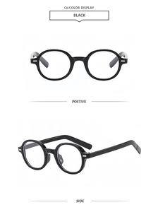Detail view of classic black oval sunglasses showing front and 45-degree angle perspectives