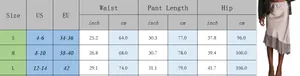 Size chart for lace satin skirt showing waist, length, and hip dimensions for S M L