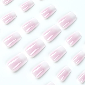 Short square press-on nails with soft pink and white gradient French design