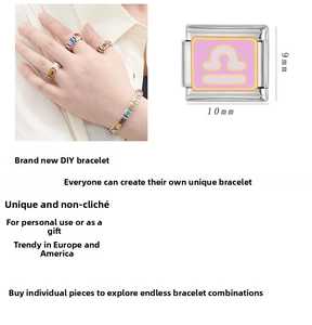 Macro detail of 9mm stainless steel link with pink enamel Libra zodiac sign for DIY bracelet