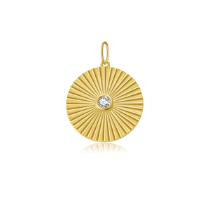 Irregular sunburst fan pendant in gold with a clear gemstone center on white background