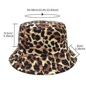 Leopard print bucket hat with 56-58cm circumference and 6cm brim dimensions shown on white