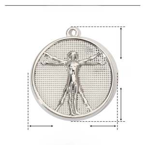 Detailed size chart for stainless steel Vitruvian Man sun heart round pendant
