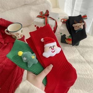 Christmas Mid Calf Socks Cotton Rib Knit Plush Santa Reindeer Tree Holiday Slouch Socks Women
