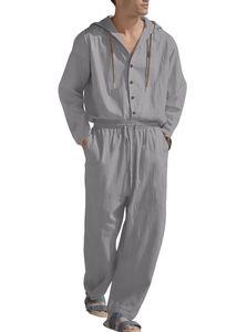 Detailed texture of gray men's linen hooded shirt and drawstring trousers set