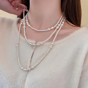 Long Multi-layer Faux Artificial Pearl Necklace Elegant Electroplated Alloy Sweater Chain French Vintage Style Women Accessory