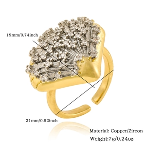 Ginkgo leaf copper ring with zircons showing dimensions of 19mm and 21mm and 7g weight