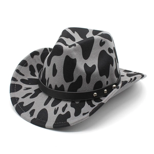 Classic wide brim wool cowboy hat with black cow print and studded leather band