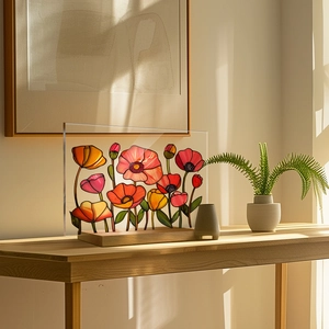Artistic acrylic flower plaque with poppies on a natural wood base for desk decoration