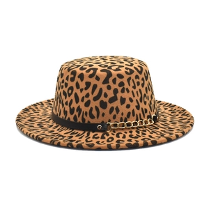 Leopard print wide brim wool fedora hat with black leather belt and gold chain detail