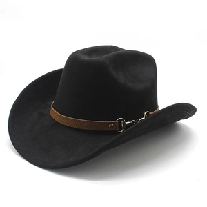 Vintage black wool felt cowboy hat with brown textured band and gold horse-bit chain